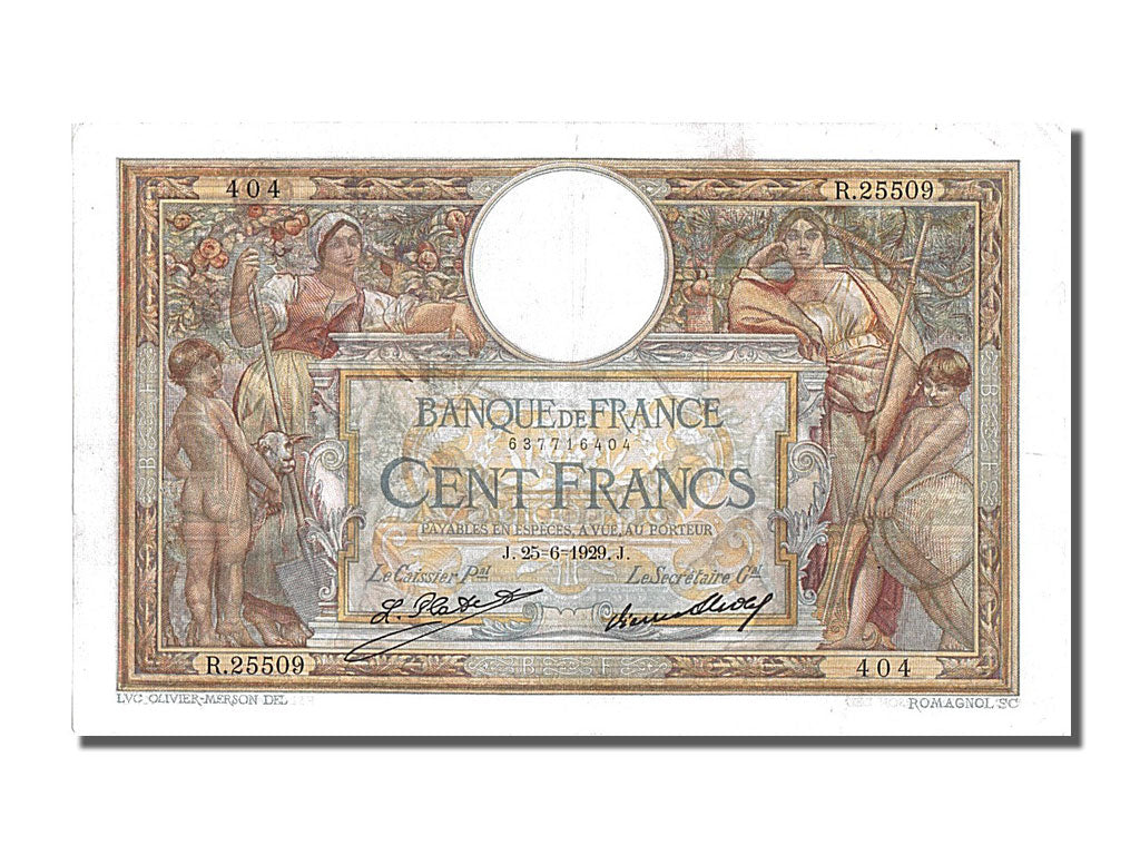 France, 100 Francs, 100 F 1908-1939 ''Luc Olivier Merson'', 1929, KM #78b,...