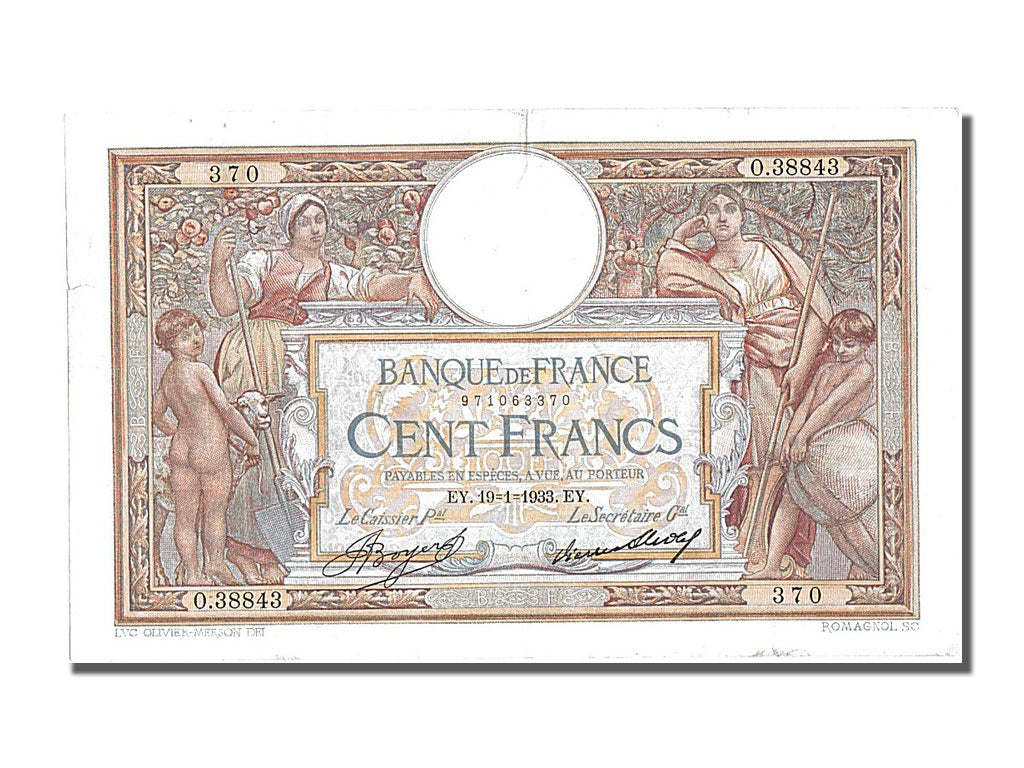 France, 100 Francs, 100 F 1908-1939 ''Luc Olivier Merson'', 1933, KM #78c,...