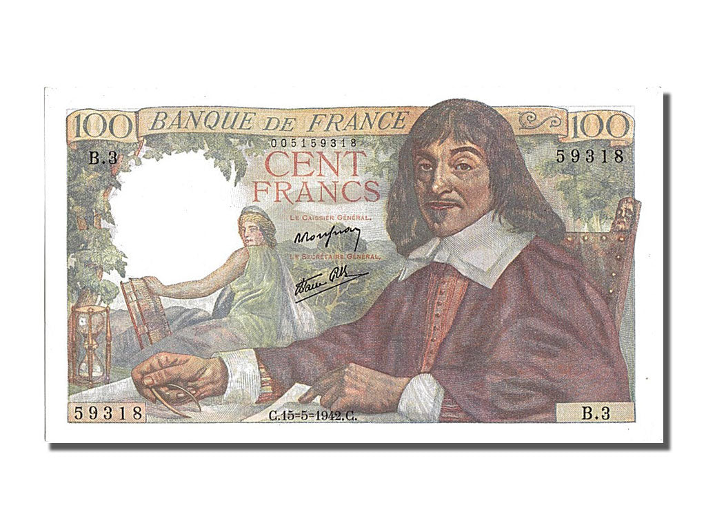 Francia, 100 Francs, 100 F 1942-1944 ''Descartes'', 1942, KM:101a, 1942-05-15...