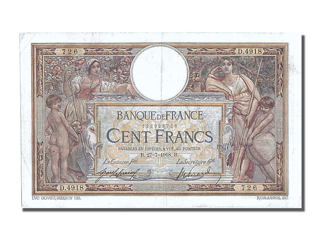 France, 100 Francs, 100 F 1908-1939 ''Luc Olivier Merson'', 1918, KM #71a,...