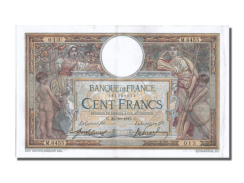 Banknote, France, 100 Francs, 100 F 1908-1939 ''Luc Olivier Merson'', 1919