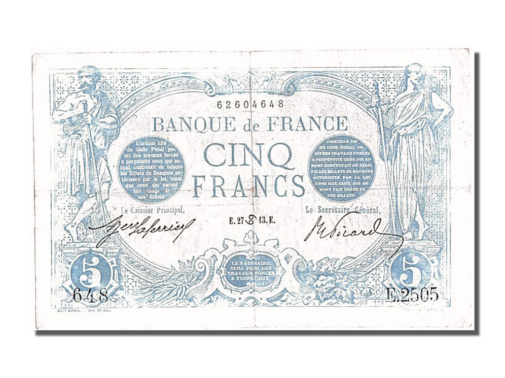 France, 5 Francs, 5 F 1912-1917 ''Bleu'', 1913, KM #70, 1913-06-27, VF(20-25),..