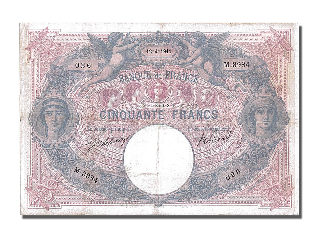 France, 50 Francs, 50 F 1889-1927 ''Bleu et Rose'', 1911, KM #64e, 1911-04-12,..