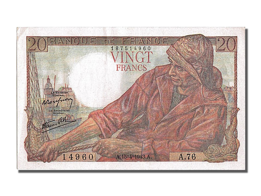 Francia, 20 Francs, 20 F 1942-1950 ''Pêcheur'', 1943, KM:100a, 1943-04-15, S...