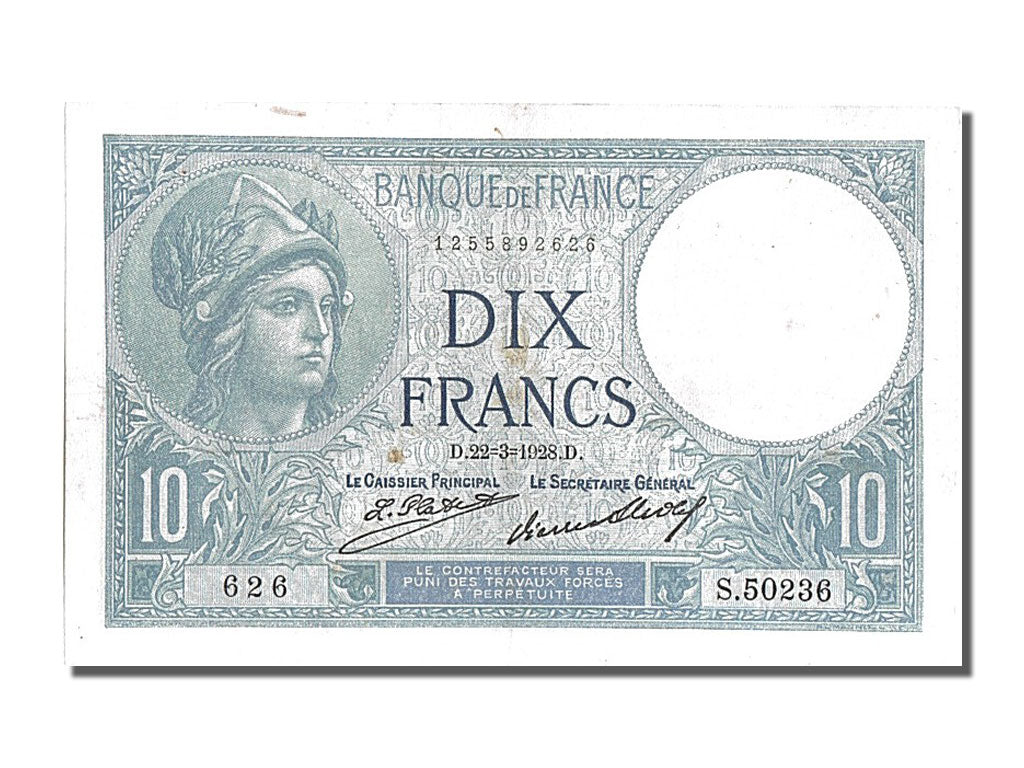 France, 10 Francs, 10 F 1916-1942 ''Minerve'', 1928, KM #73d, 1928-03-22,...