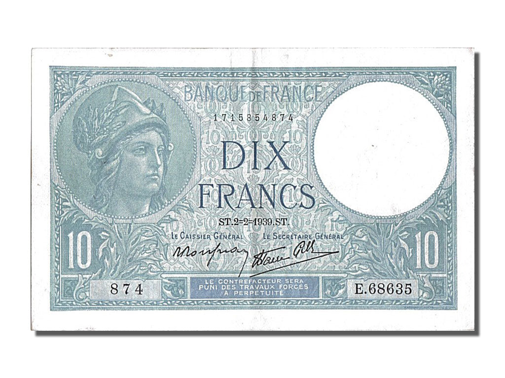 France, 10 Francs, 10 F 1916-1942 ''Minerve'', 1939, KM #84, 1939-02-02,...