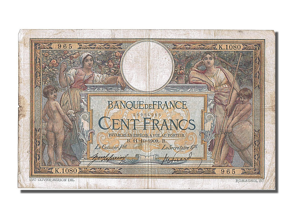 France, 100 Francs, 100 F 1908-1939 ''Luc Olivier Merson'', 1909, KM #71a,...