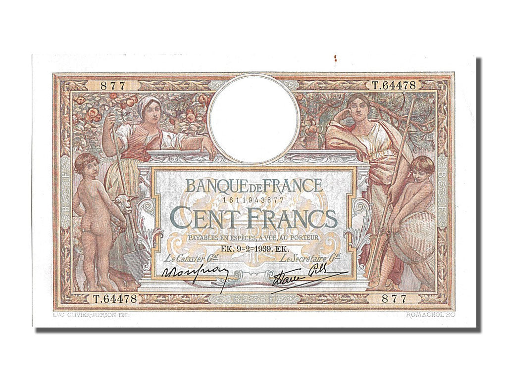 France, 100 Francs, 100 F 1908-1939 ''Luc Olivier Merson'', 1939, KM #86b,...