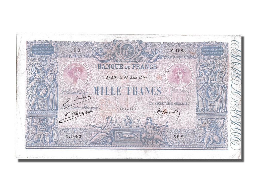 Francia, 1000 Francs, 1 000 F 1889-1926 ''Bleu et Rose'', 1923, KM:67j, 1923-...