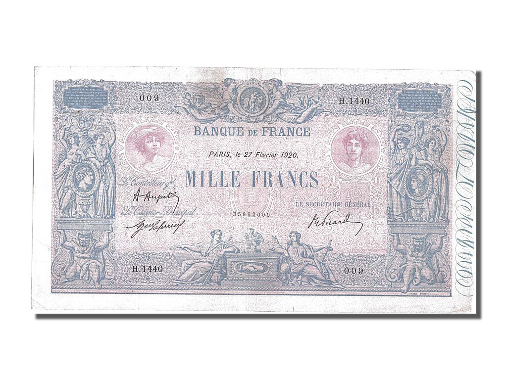 France, 1000 Francs, 1 000 F 1889-1926 ''Bleu et Rose'', 1920, KM #67h,...