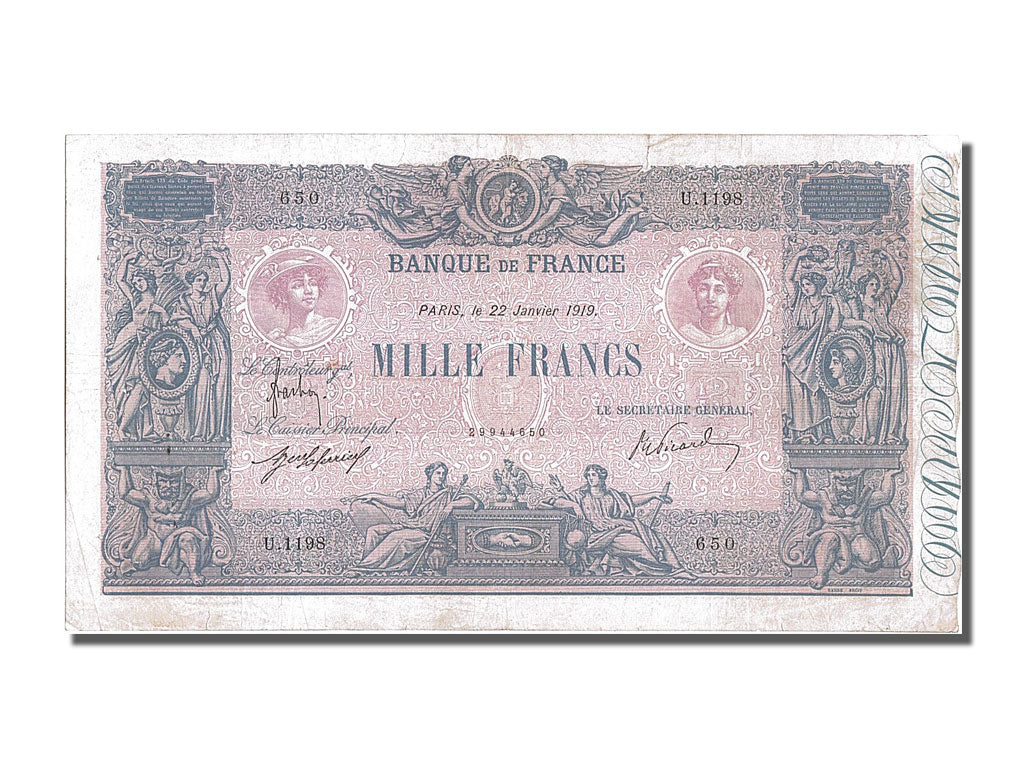 France, 1000 Francs, 1 000 F 1889-1926 ''Bleu et Rose'', 1919, KM #67g,...