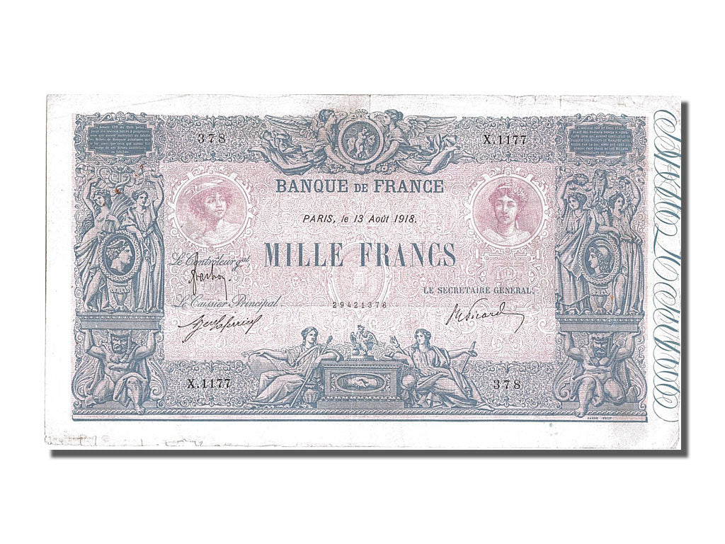 France, 1000 Francs, 1 000 F 1889-1926 ''Bleu et Rose'', 1918, KM #67g,...