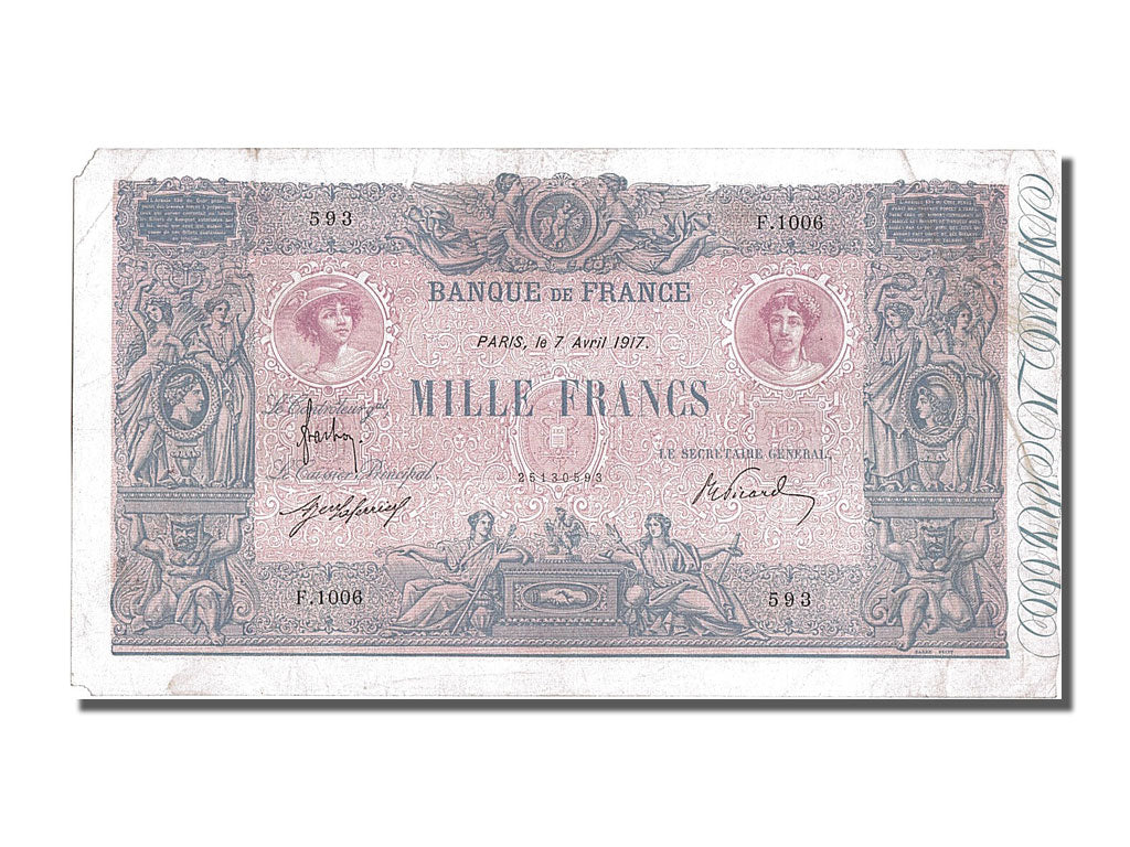 France, 1000 Francs, 1 000 F 1889-1926 ''Bleu et Rose'', 1917, KM #67g,...