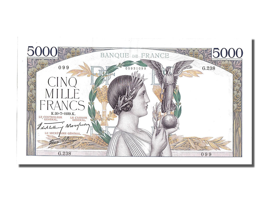 Francia, 5000 Francs, 5 000 F 1934-1944 ''Victoire'', 1939, KM:97a, 1939-07-2...