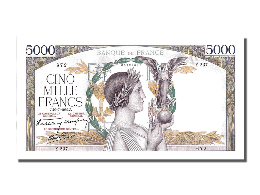 Banknote, France, 5000 Francs, 5 000 F 1934-1944 ''Victoire'', 1939, 1939-07-20