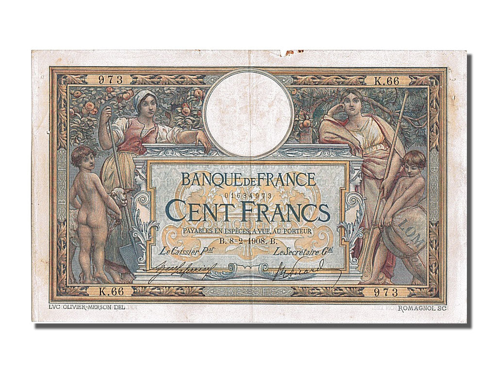 France, 100 Francs, 100 F 1908-1939 ''Luc Olivier Merson'', 1908, KM #69,...