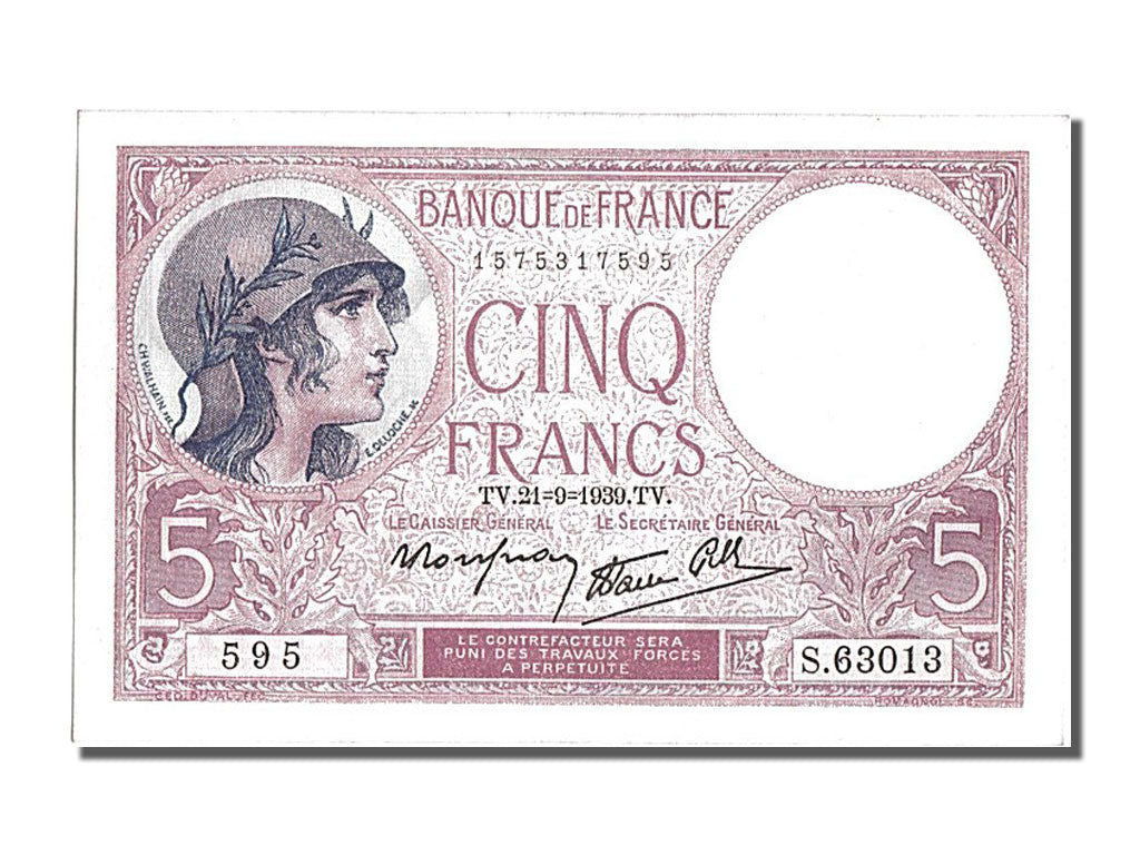 Banconote, Francia, 5 Francs, 5 F 1917-1940 ''Violet'', 1939, 1939-09-21, FDS