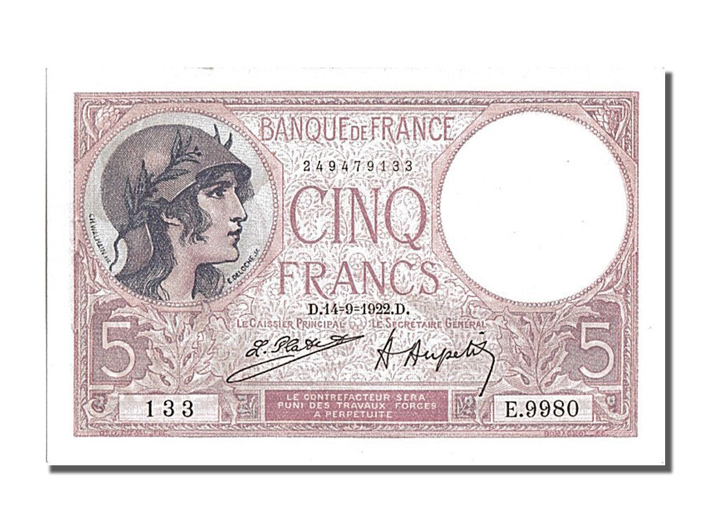 France, 5 Francs, 5 F 1917-1940 ''Violet'', 1922, KM #72c, 1922-09-14,...