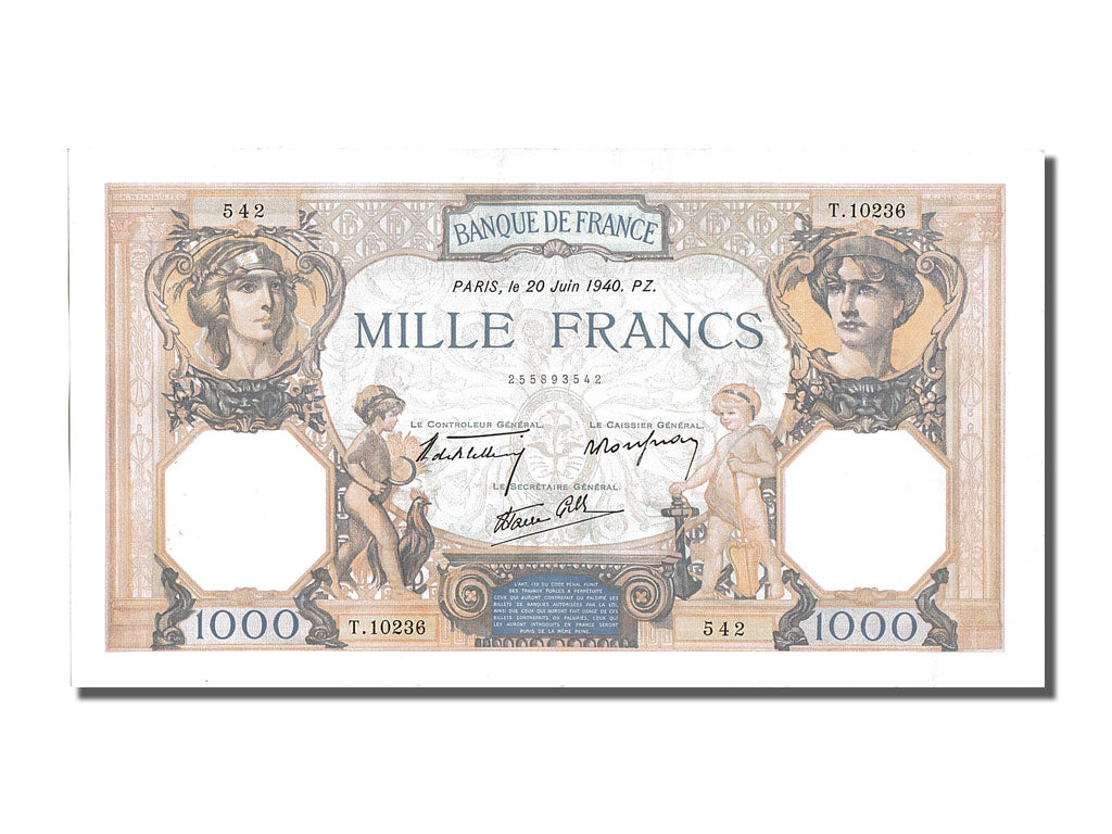 France, 500 Francs, 1 000 F 1927-1940 ''Cérès et Mercure'', 1940, KM #88c, 1...