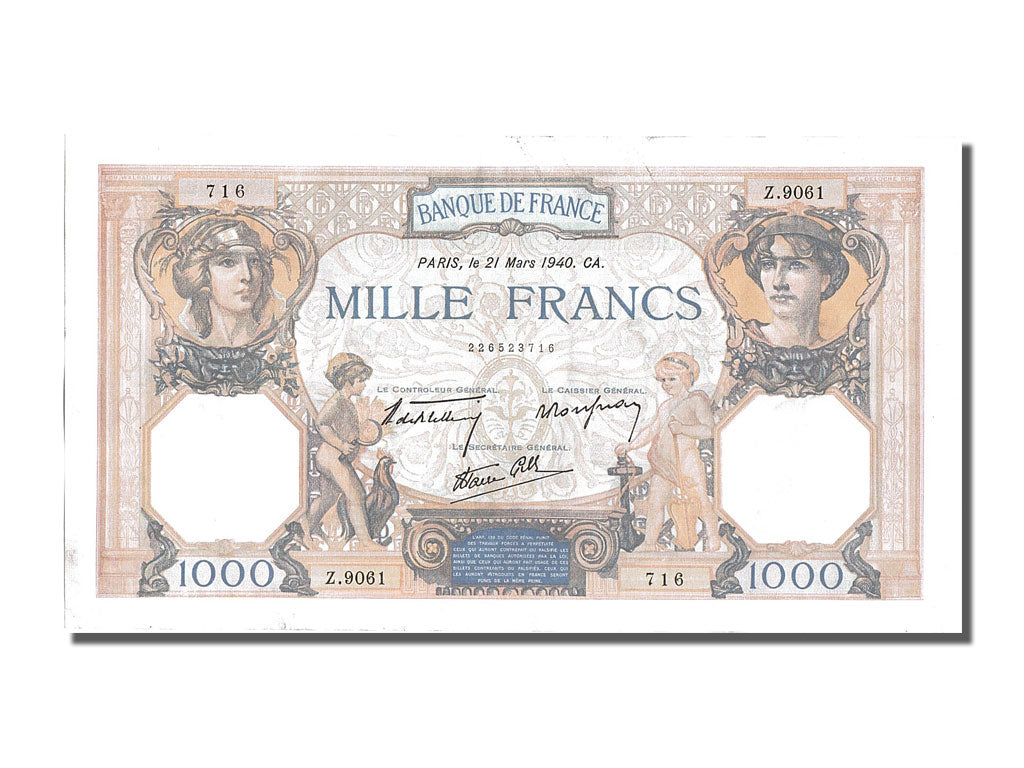 France, 500 Francs, 1 000 F 1927-1940 ''Cérès et Mercure'', 1940, KM #88c, 1...