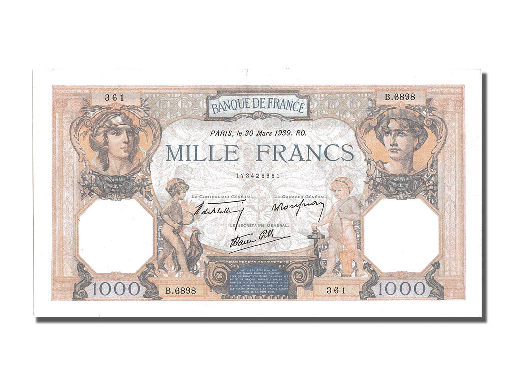 France, 500 Francs, 1 000 F 1927-1940 ''Cérès et Mercure'', 1939, KM #88c, 1...