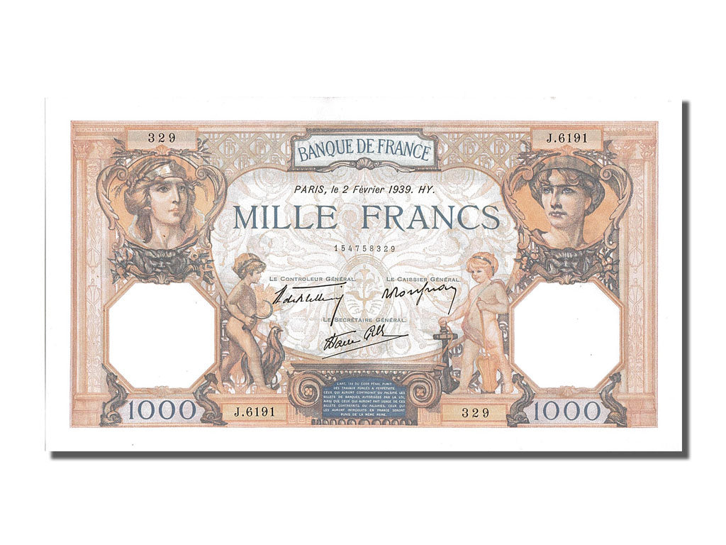 France, 500 Francs, 1 000 F 1927-1940 ''Cérès et Mercure'', 1939, KM #88c, 1...