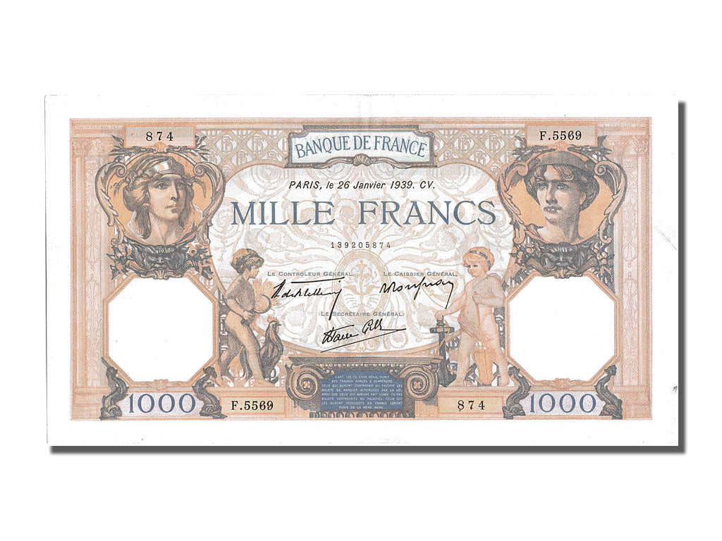 France, 500 Francs, 1 000 F 1927-1940 ''Cérès et Mercure'', 1939, KM #88c, 1...