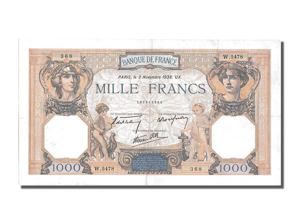France, 500 Francs, 1 000 F 1927-1940 ''Cérès et Mercure'', 1938, KM #88c, 1...
