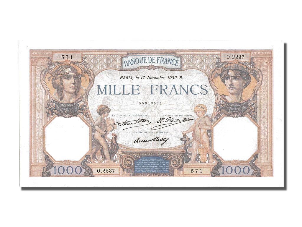 Geldschein, Frankreich, 1000 Francs, 1 000 F 1927-1940 ''Cérès et Mercure''