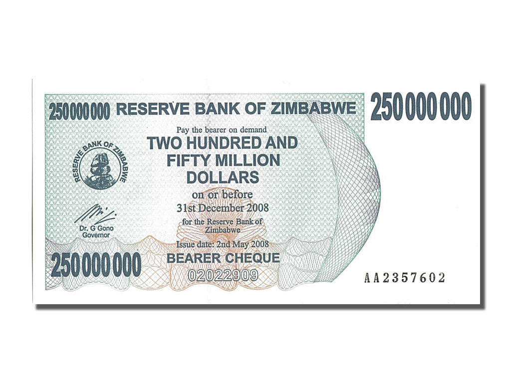 Billete, 250 Million Dollars, 2008, Zimbabue, UNC