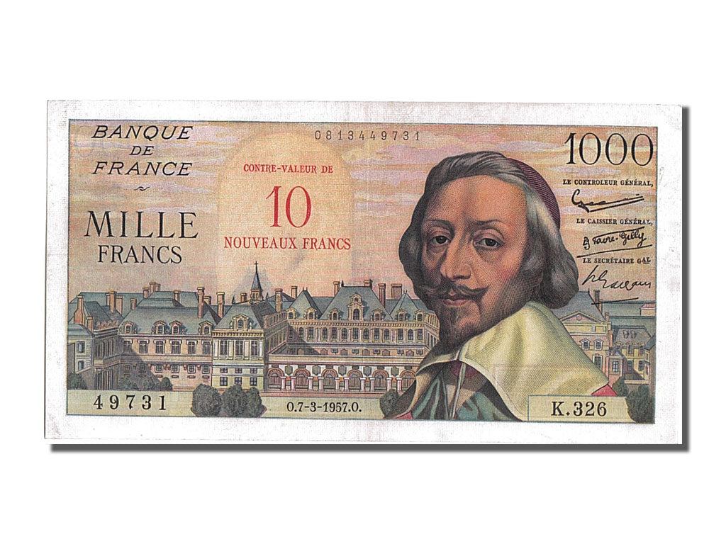 Francia, 10 Nouveaux Francs on 1000 Francs, 1955-1959 Overprinted with ''Nouv...