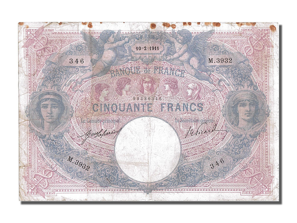 France, 50 Francs, 50 F 1889-1927 ''Bleu et Rose'', 1911, KM #64e, 1911-02-10,..