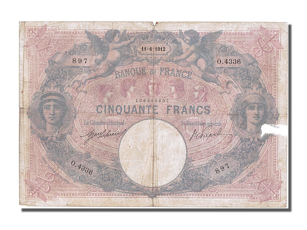 France, 50 Francs, 50 F 1889-1927 ''Bleu et Rose'', 1912, KM #64e, 1912-06-11,..
