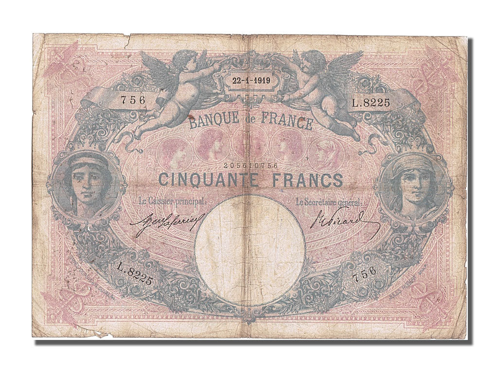 France, 50 Francs, 50 F 1889-1927 ''Bleu et Rose'', 1919, KM #64e, 1919-01-22,..