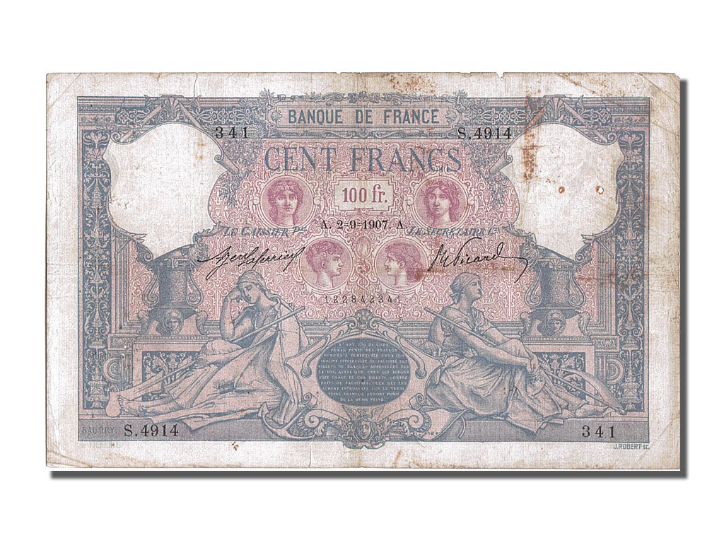 France, 100 Francs, 100 F 1888-1909 ''Bleu et Rose'', 1907, KM #65e,...