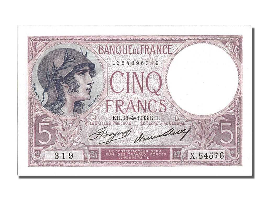 Banknote, France, 5 Francs, 5 F 1917-1940 ''Violet'', 1933, 1933-04-14