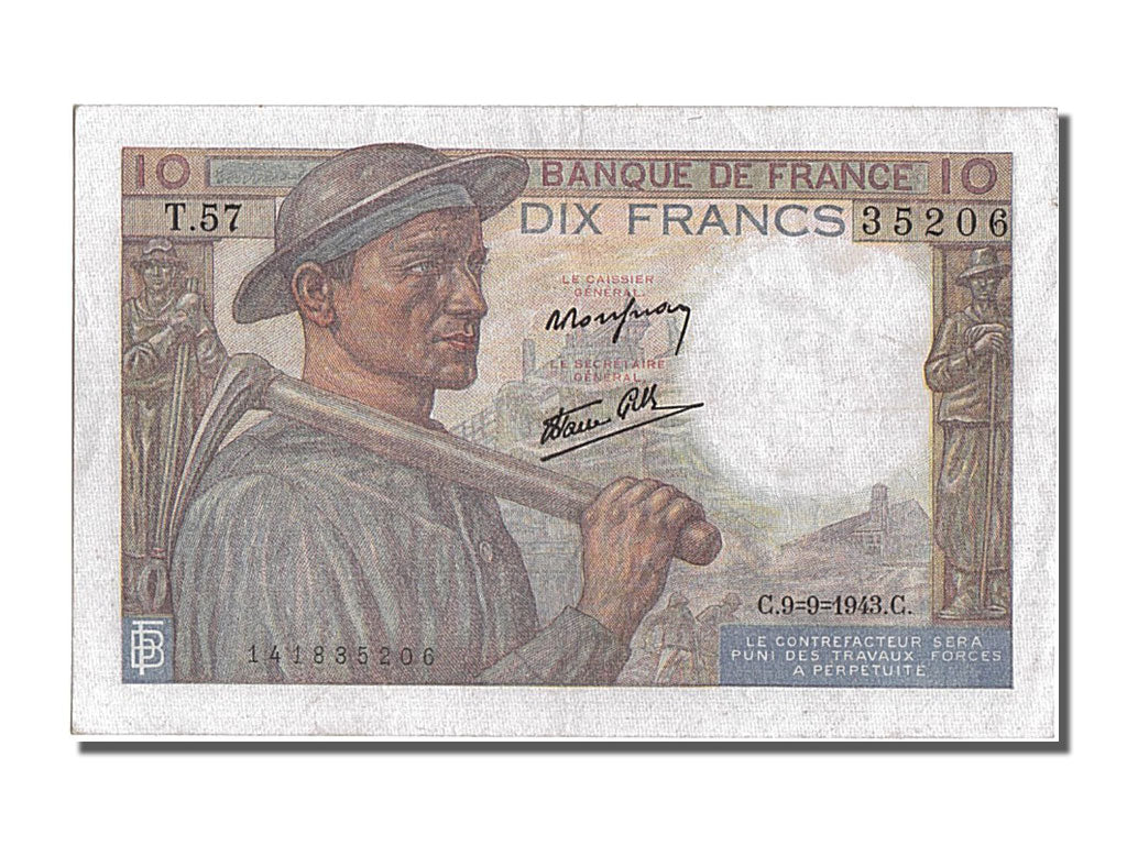Francia, 10 Francs, 10 F 1941-1949 ''Mineur'', 1943, KM:99d, 1943-09-09, SPL-...