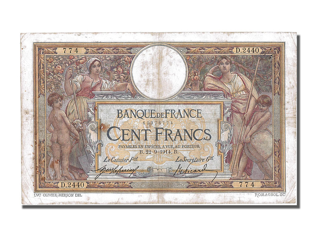 France, 100 Francs, 100 F 1908-1939 ''Luc Olivier Merson'', 1914, KM #71a,...