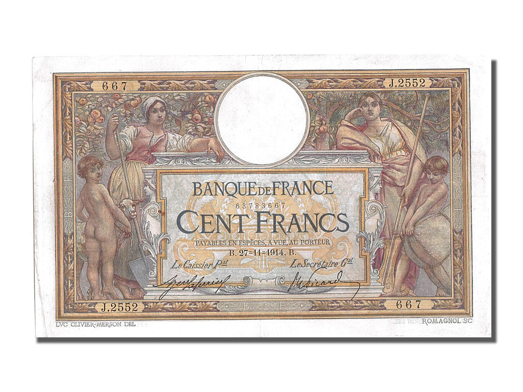 France, 100 Francs, 100 F 1908-1939 ''Luc Olivier Merson'', 1914, KM #71a,...