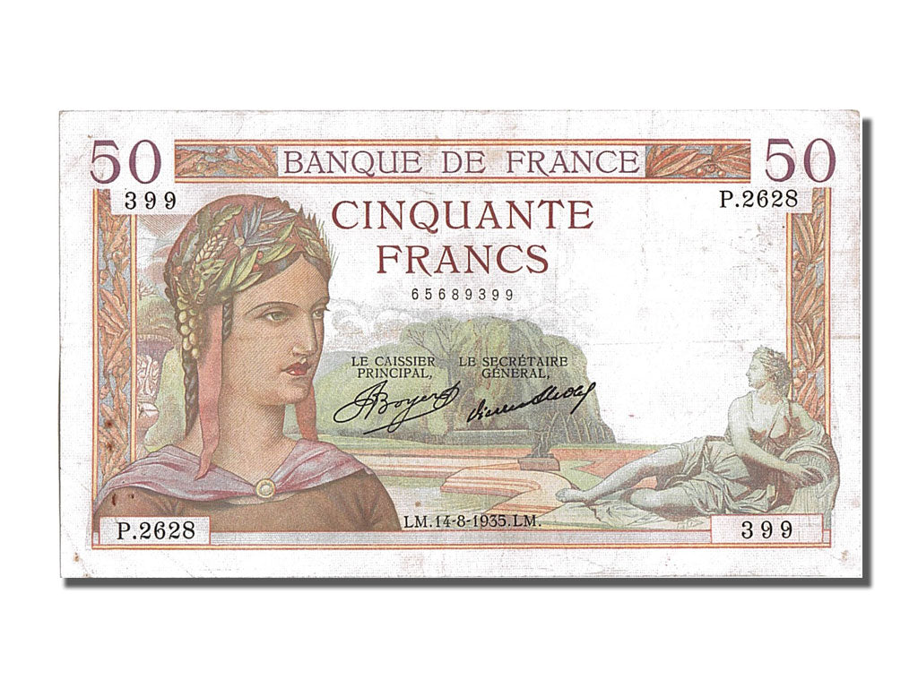 France, 50 Francs, 50 F 1934-1940 ''Cérès'', 1935, KM #81, 1935-08-14, AU(50-53)