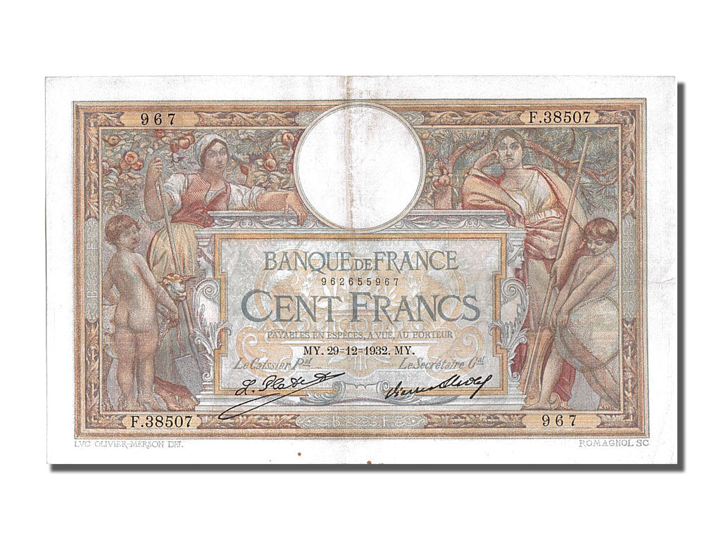 France, 100 Francs, 100 F 1908-1939 ''Luc Olivier Merson'', 1932, KM #78b,...