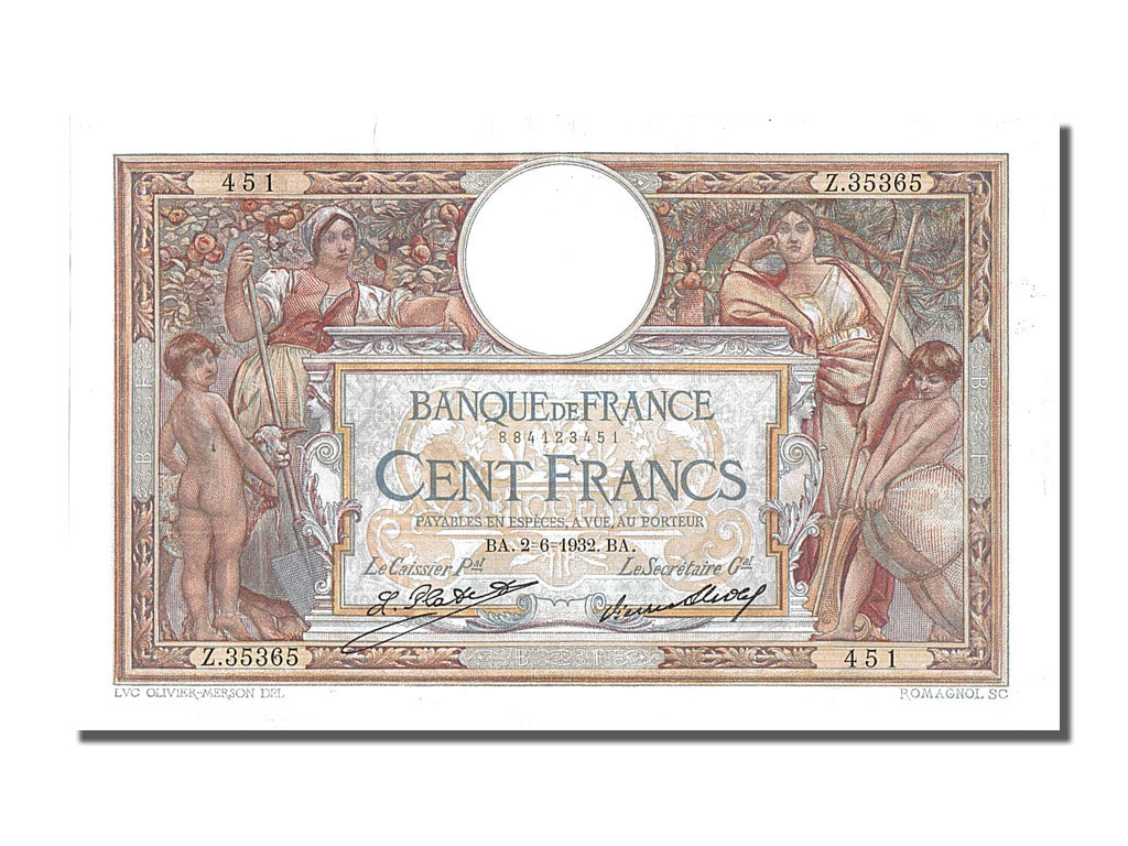 France, 100 Francs, 100 F 1908-1939 ''Luc Olivier Merson'', 1932, KM #78b,...
