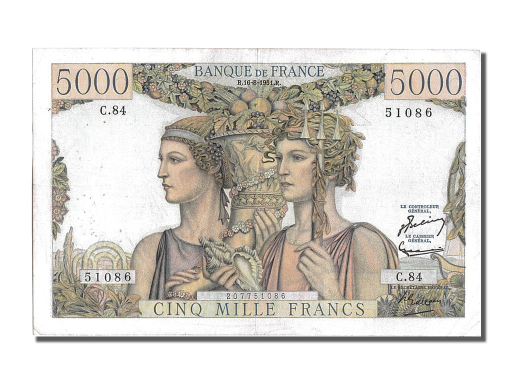 Banknot, Francja, 5000 Francs, Terre et Mer, 1951, 1951-08-16, AU(50-53)