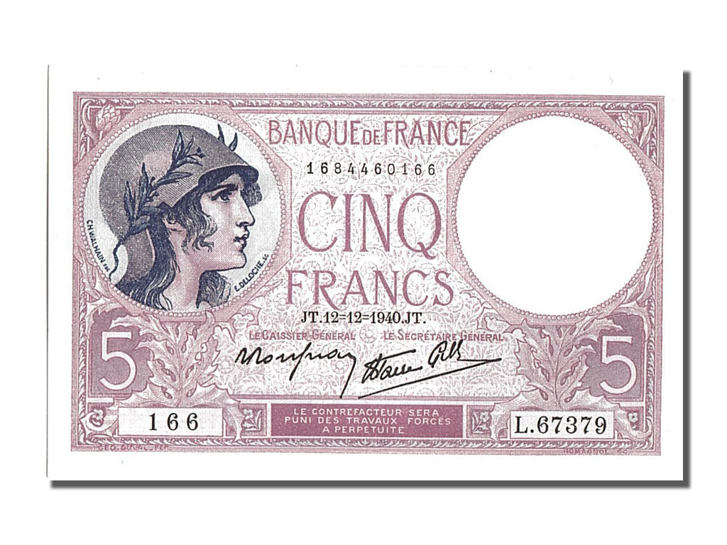Banknote, France, 5 Francs, 5 F 1917-1940 ''Violet'', 1940, 1940-12-12