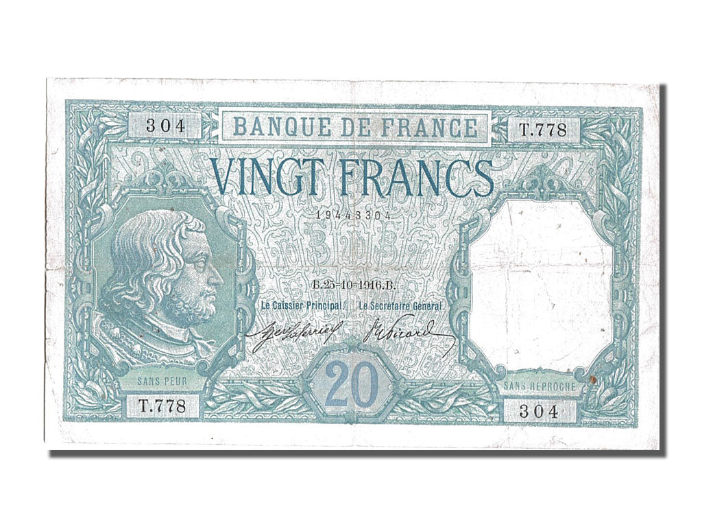 France, 20 Francs, 20 F 1916-1919 ''Bayard'', 1916, KM #74, 1916-10-25,...