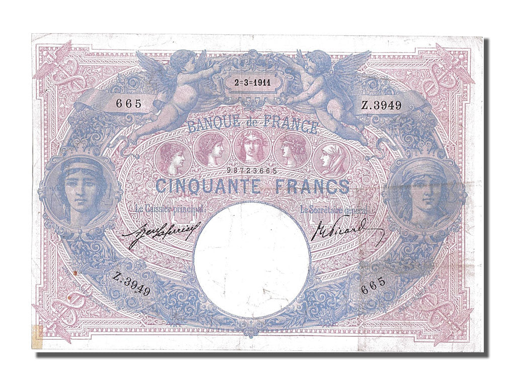Geldschein, Frankreich, 50 Francs, 50 F 1889-1927 ''Bleu et Rose'', 1911