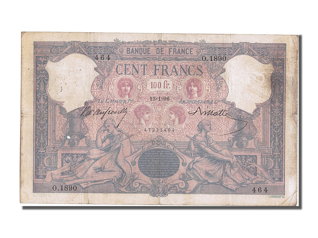 France, 100 Francs, 100 F 1888-1909 ''Bleu et Rose'', 1896, KM #65b,...