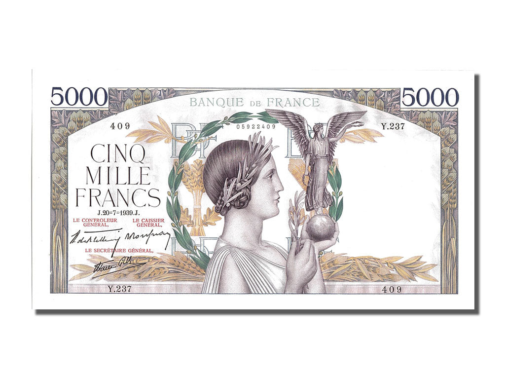 France, 5000 Francs, 5 000 F 1934-1944 ''Victoire'', 1939, KM #97a, 1939-07-20,.