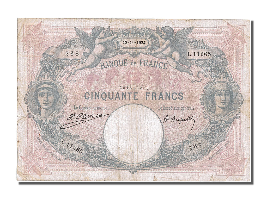 France, 50 Francs, 50 F 1889-1927 ''Bleu et Rose'', 1924, KM #64g, 1924-11-12,..