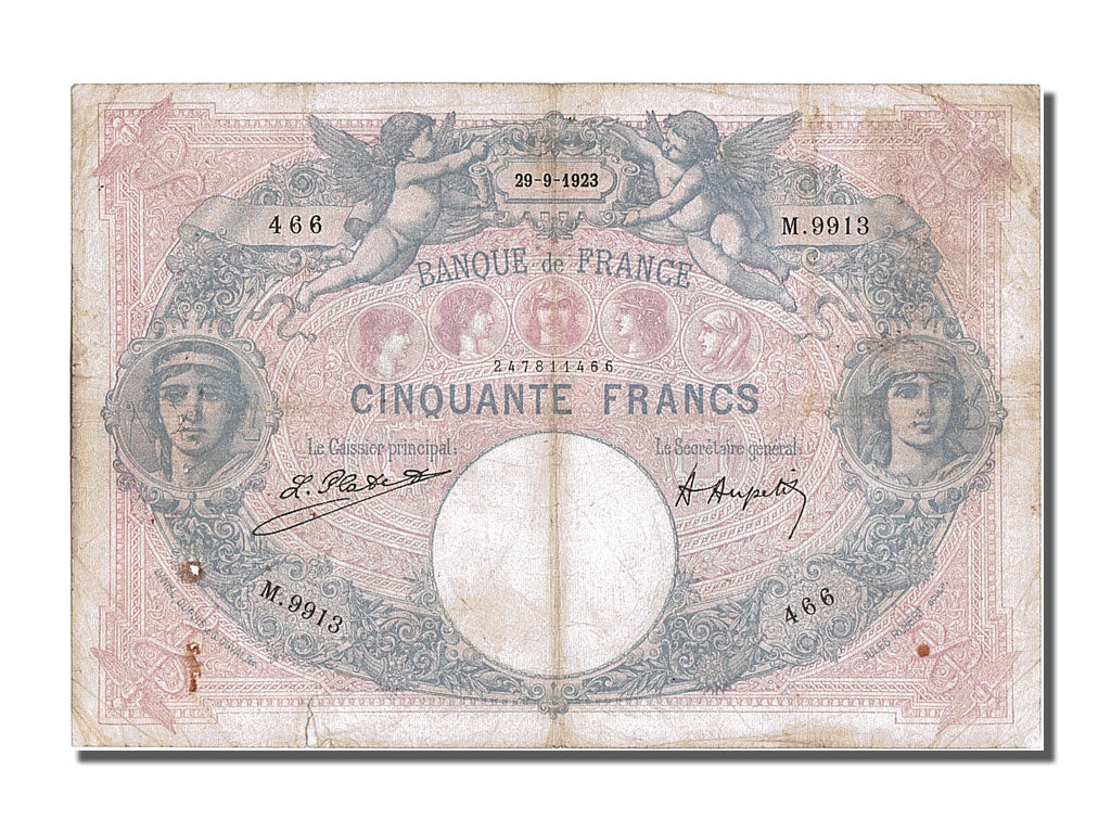 France, 50 Francs, 50 F 1889-1927 ''Bleu et Rose'', 1923, KM #64g, 1923-09-29,..